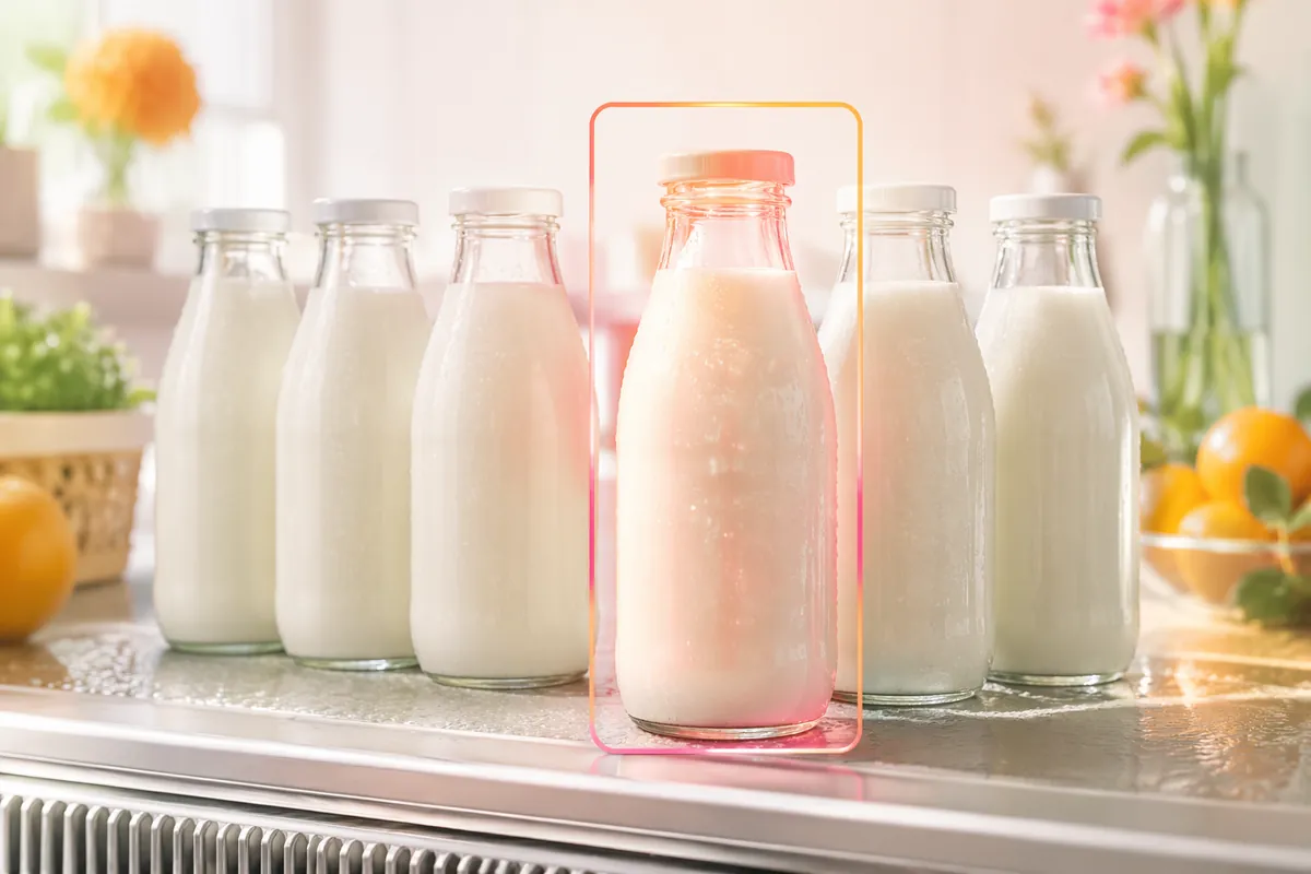 Row of filled glass milk bottles on a stainless steel dairy counter